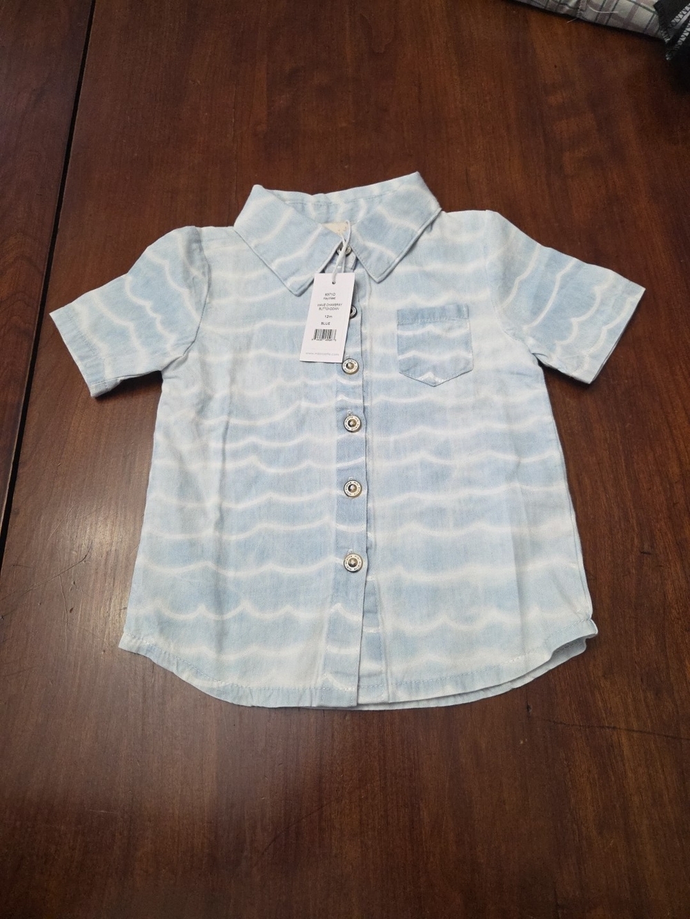 Miki Miette Short Sleeve 100% Cotton Blue White Wave Chambray 12 Month Baby NWT